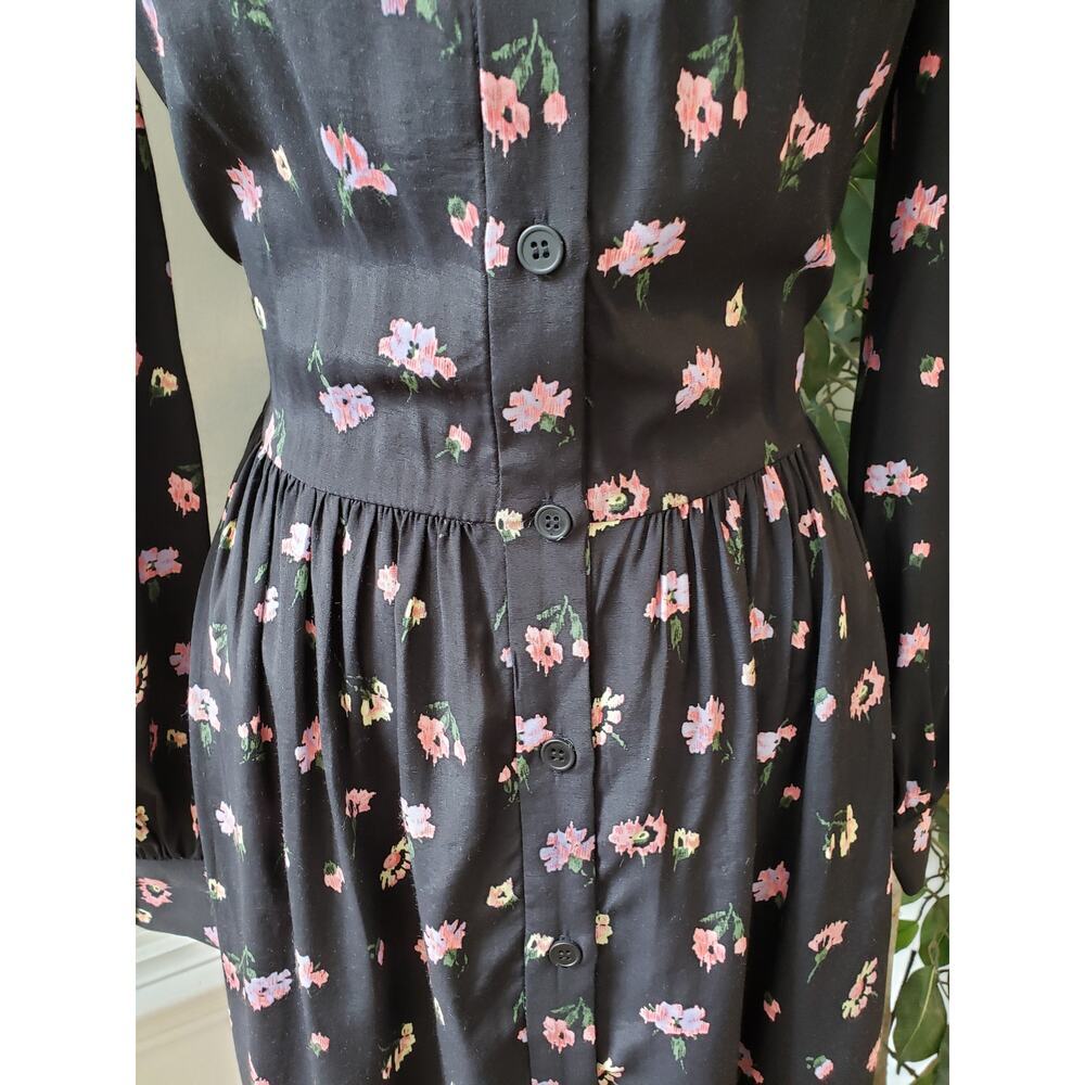 Jill Stuart Shirt Dress Women XS Black Floral Ruffle Pleated Collar Button Front - Picture 11 of 13